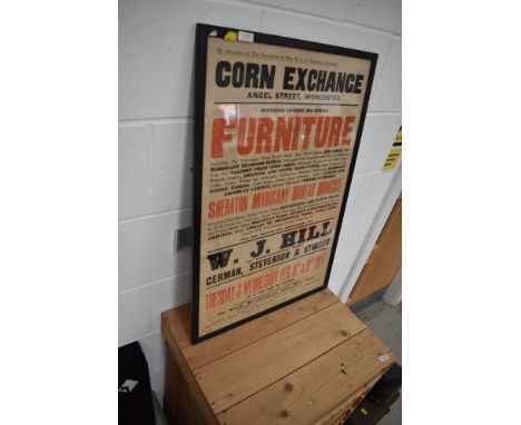 A 1920s poster advertising Antique Furniture, Corn Exchange Worcester for W J Hill in conjuction with German, Stevenson and S