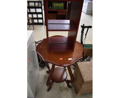 A modern mahogany effect occasional table and a laminate shelf of small proportions