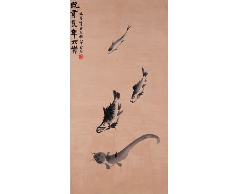 A Chinese Scroll Painting By Qi Baishi 20th century. H 38 1/8" W 18 7/8" (97 cm x 48 cm)