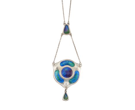 AN ART NOUVEAU SILVER AND ENAMEL PENDANT ON CHAIN, BY CHARLES HORNER, designed as a shaped circular plaque with reserves enam
