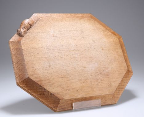 ROBERT THOMPSON OF KILBURNA MOUSEMAN OAK BREADBOARD, rectangular with canted corners, adzed to visible areas, carved mouse si
