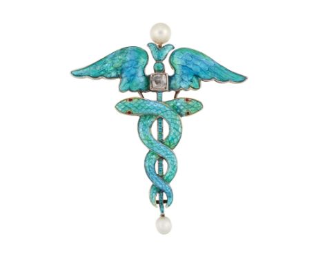 AN ART NOUVEAU ENAMEL, PEARL AND DIAMOND CADUCEUS BROOCH, BY CHILD &amp; CHILD,&nbsp;designed as a pair of snakes coiled arou