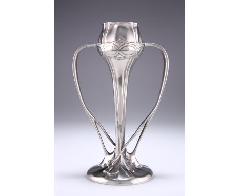 ARCHIBALD KNOX (1864-1933)A LIBERTY & CO TUDRIC PEWTER TULIP VASE, NO. 029, with sinuous bifurcated handles, stamped '7/ TUDR