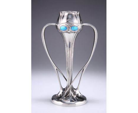 ARCHIBALD KNOX (1864-1933)A LIBERTY & CO TUDRIC PEWTER AND ENAMEL TULIP VASE, NO. 029, the bulbous head with four oval turquo