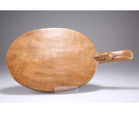 ROBERT THOMPSON OF KILBURNA MOUSEMAN OAK CHEESEBOARD, the adzed oval board with carved mouse signature bridging the handle. 3