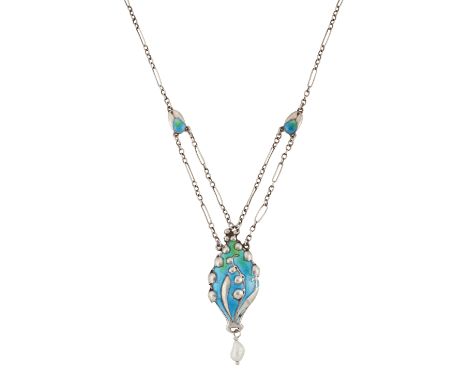 AN ART NOUVEAU SILVER AND ENAMEL PENDANT ON CHAIN, BY MURRLE BENNETT, designed as a lozenge-shaped plaque with lily of the va