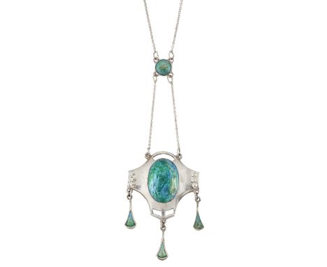 AN ART NOUVEAU SILVER AND ENAMEL PENDANT ON CHAIN, BY CHARLES HORNER, designed as a shield-shaped plaque enamelled in green-b