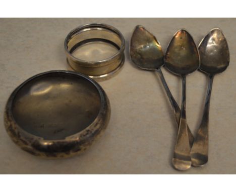 3 Georgian silver teaspoons (poor condition), silver napkin ring and a small silver pot, total approx weight 1.9ozt 