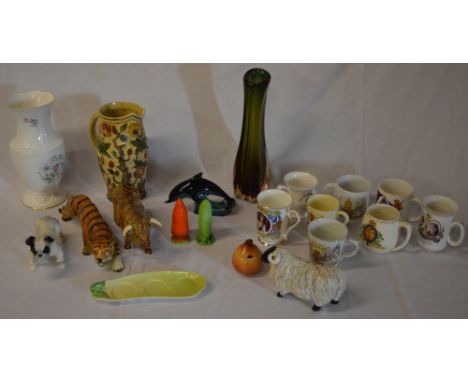 Commemorative mugs, Poole dolphin, animal figures etc