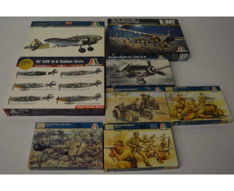 8 Italeri model kits including a limited edition Caproni CA 311, Bf 109 G-6 Italian Aces, WWII German motorcycles, WWII Briti