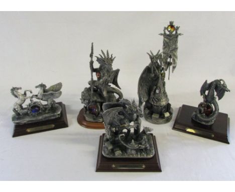5 large boxed Myth & Magic by Tudor Mint figures - The dragon of the lamp, The Guardian of the crystal, The Defender, Master 