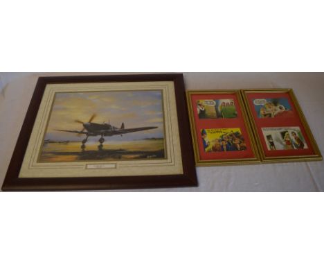 Framed print 'Spitfire MK IX - Taking Off - June 1944' by Barry Price and two framed sets of risque postcards 