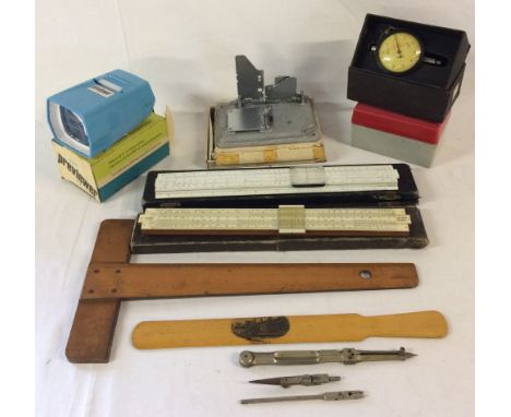 Mauchlin page turner with images of Alnwick & Workworth Castles, Minori film splicer, Newall dial indicator gauge, Eumig proj