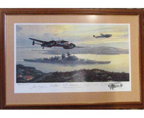 Limited edition print by Mark Postlewaite 'Bismarck - into Battle' also signed by Hans Hellwig, Herbert Jahn, Fritz Mathes et