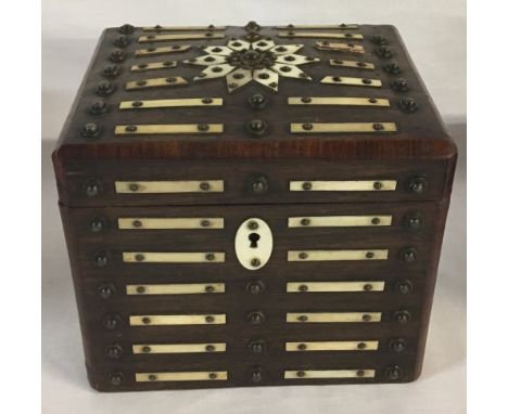 19th century tea caddy with stud work &amp; bone/ivory strip decoration