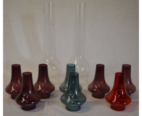 2 glass oil lamp chimneys and various small coloured glass chimneys
