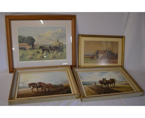 Pair of oils on board of shire horses ploughing, a limited edition print and a watercolour of a cottage