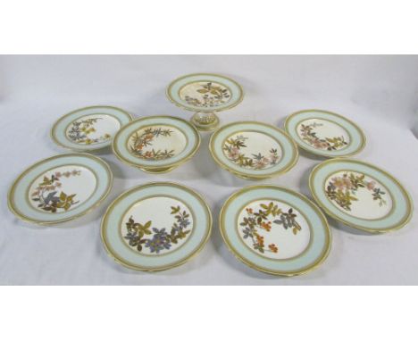 Royal Worcester Victorian 9 piece dessert set consisting of 6 plates and 3 comports/tazzas with flowers and gilt decoration c