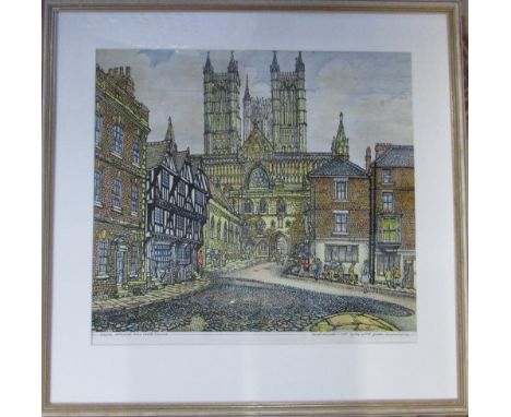 Hand coloured print of Lincoln Cathedral from Castle Square by Lincoln artist Gordon Cumming signed and dated 1974 64 cm x 64