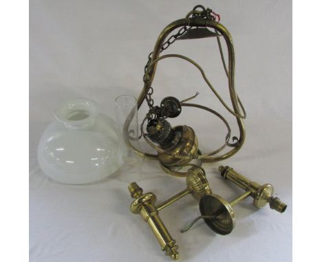 Hanging brass oil lamp and 2 brass wall sconces