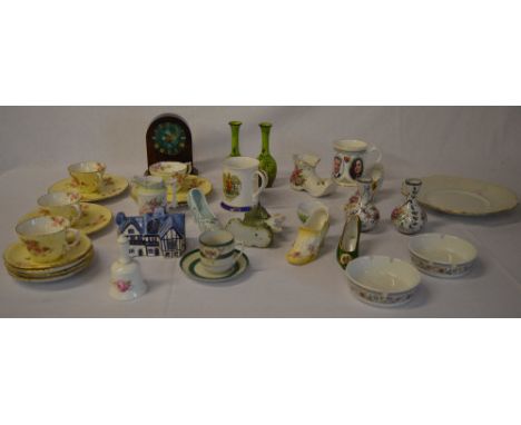 Various ceramics, modern quartz mantle clock, Ringtons commemorative mug etc