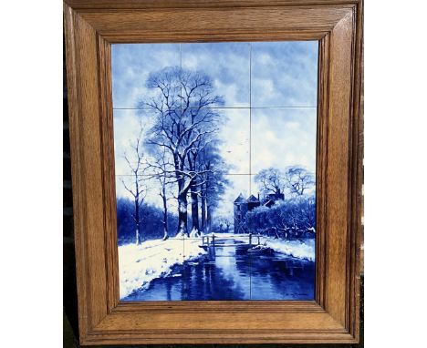 Delft 12 tile framed picture of a canal scene with signature F. J. Du Chattel H82cm W66cm