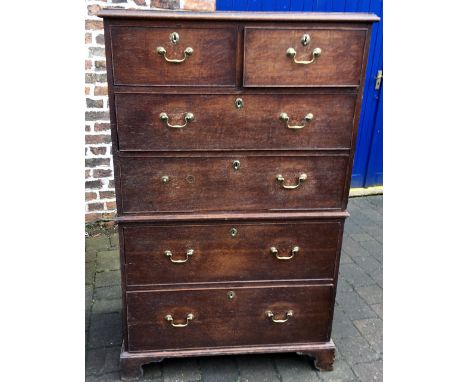 George III oak chest on chest with swan neck handles (one missing) & cockbeading on bracket feet H143cm W92cm