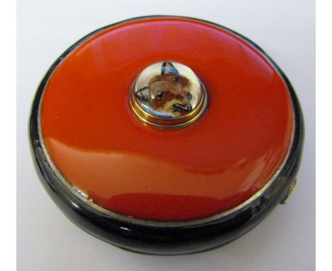 Silver and enamel compact case with a reverse crystal intaglio fox marked 'sterling'