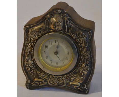Silver fronted Art Nouveau small mantle clock with wooden case, Birmingham 1911