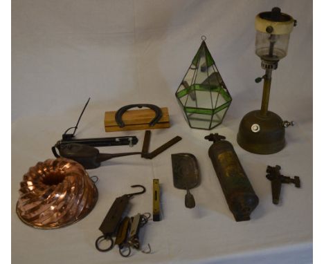 Copper jelly mould, lamp, Pyrene extinguisher, spring scales, folding tape measure etc