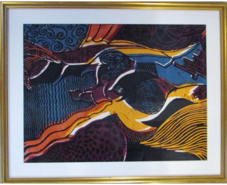 1960s abstract linocut/woodblock print by D R Adamson from Winchester School of Art signed D.R.A dated 1967 62 cm x 50 cm