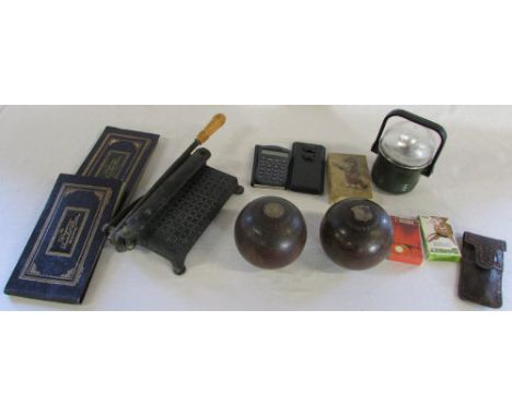 2 bowls, photograph albums, lamp, guillotine etc