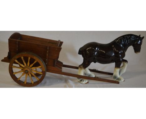 Ceramic figure of a shire horse together with a wooden cart