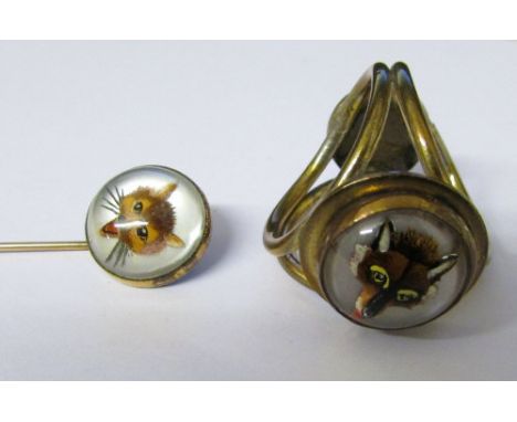 Gold plated reverse crystal intaglio tie pin and scarf ring of a fox mask