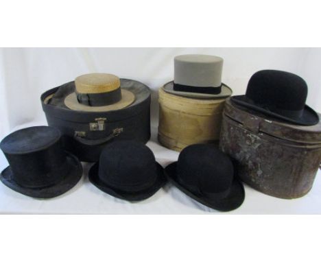 Assorted hats and hat boxes inc bowler hat by G A Brough, Boston, grey top hat by K London & straw boater by Falcon