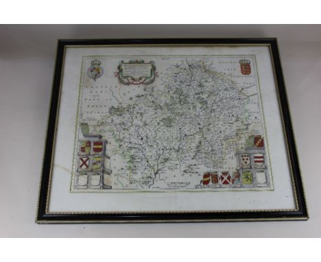 A Johannes Blaeu map of Worcester, Warwickshire and Coventry, 'Wigoriensis', with text verso, in double glazed frame, 50cm by