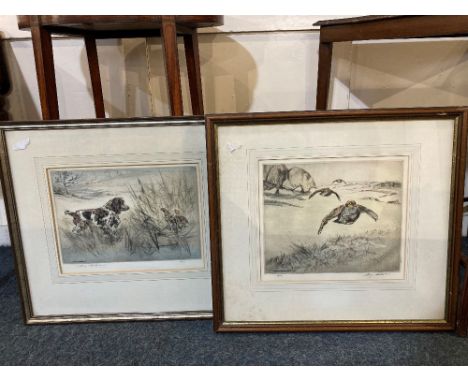 Henry Wilkinson (1921-2011) partridges in flight and a spaniel with gamebirds, two limited edition colour dry point etchings,