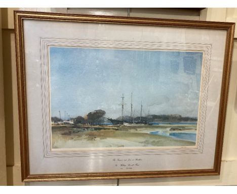 Sir William Russell Flint RA PPRWS (1880-1969) Ship moored in harbour, titled 'The Frances and Jane at Birdham' limited editi