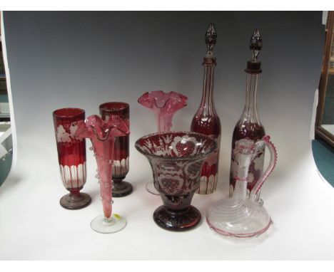 Two red flashed Decanters and Stoppers (1 Stopper A/F), pair of cylindrical Vases, bell shaped Vase, two Cranberry Glass tall