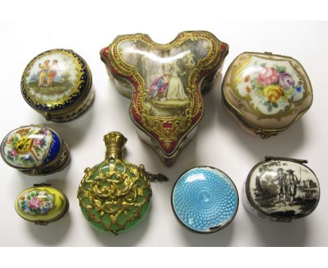 A Sevres Trinket Box of shaped triangular form painted lovers with gilt detail A/F, five porcelain and enamel Trinket Boxes, 