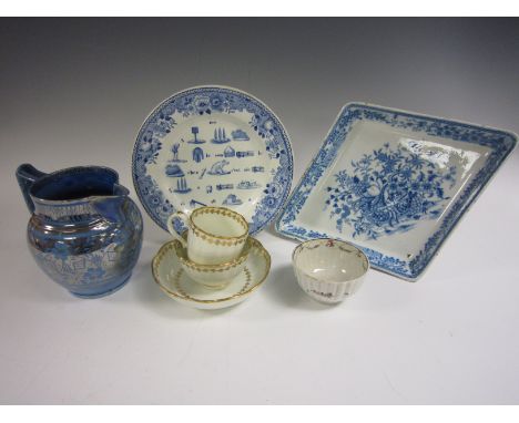 An early Worcester Trio with gilt rims, a fluted Tea Bowl floral painted, unusual blue and white Plate, Comport floral printe