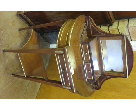 A French style mahogany small Bonheur du Jour with raised mirror back, fitted three drawers and writing slide on squared tape