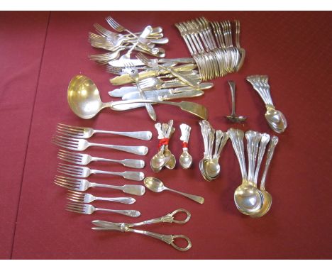 Six various silver Forks, Napkin Ring, Teaspoon, plated Soup Ladle, Grape Scissors, Sifting Ladle, part set of plated Cutlery