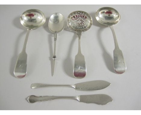 Pair of Victorian silver Sauce Ladles, fiddle pattern, London 1846, Sifting Ladle, Exeter 1850, Anointing Spoon and two Butte