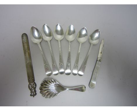 Six George III silver bright-cut Teaspoons with vacant cartouches London 1808, Caddy Spoon, Sheffield 1907, Fruit Knife with 