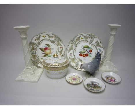 Pair of Coalport Plates painted cherries and apples, grey and gilt rims, pair of Royal Worcester white classical Candlesticks