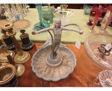 An Art deco lead Bird Trough with shell bowl and female figure surmount having outstretched arms, 13in