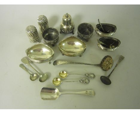 Pair of Victorian circular silver Salts and Pepperette with acorn embossing, London 1899, six various Condiments, pair of Sal