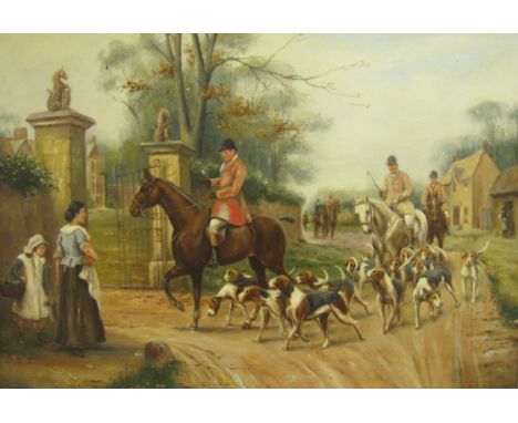 W. PLUMSTEAD. A Hunting scene with Hounds and Huntsman entering a country Estate, signed, oil on canvas, 16 x 23 in; together