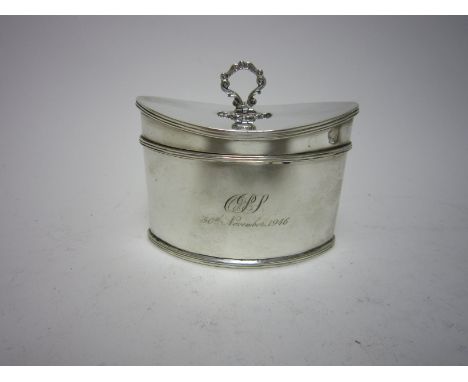 A George V silver oval Tea Caddy with engraved initials and date, Birmingham 1912